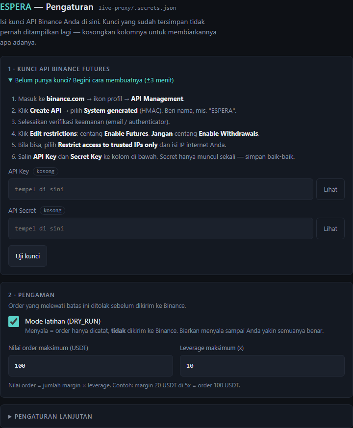 Halaman Pengaturan ESPERA: panduan enam langkah membuat API key Binance, kolom API Key dan API Secret, tombol uji kunci, mode latihan menyala, batas nilai order 100 USDT dan leverage maksimum 10x.